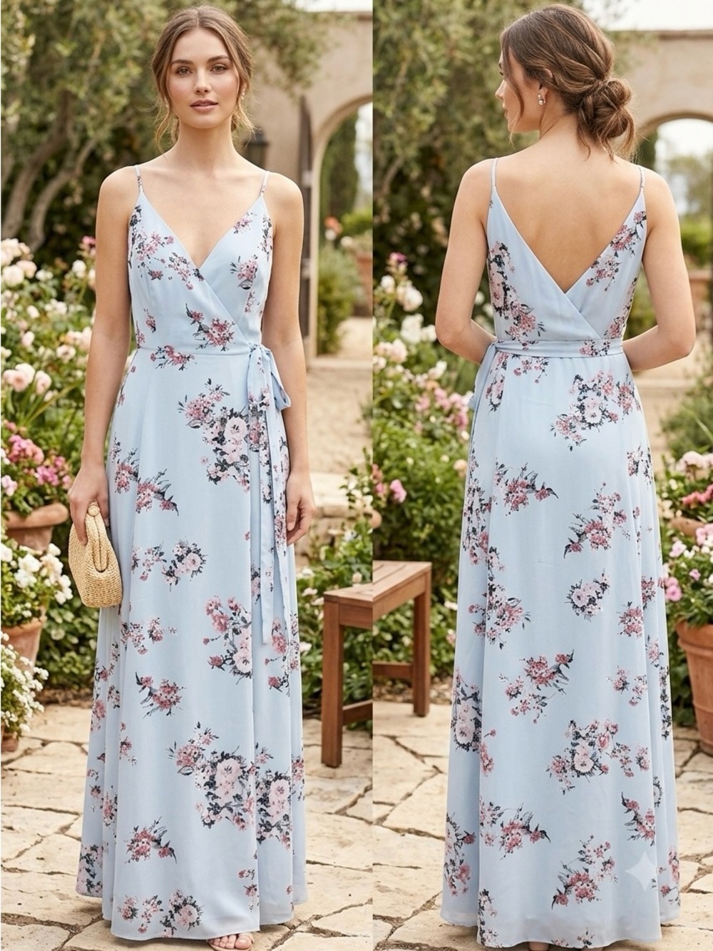 Wayf Light Blue Floral Wrap Maxi Dress